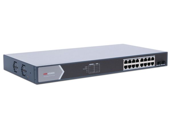 Switch Administrable Hikvision DS-3E1518P-SI de 16 Puertos 10/100/1000 Mbps PoE+ y 2 Puertos SFP de 1Gb, PoE hasta 250 metros.