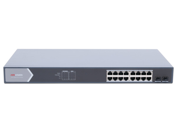 Switch Administrable Hikvision DS-3E1518P-SI de 16 Puertos 10/100/1000 Mbps PoE+ y 2 Puertos SFP de 1Gb, PoE hasta 250 metros.