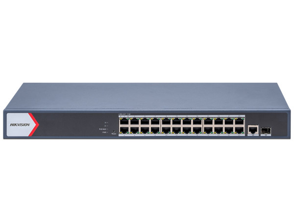 Switch Hikvision DS-3E1526P-EI de 24 puertos Gigabit PoE+, 1 puerto 100 Mbps uplink, 1 puerto 1000 Mbps uplink, 1 puerto SFP uplink.