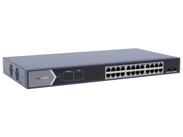 NA Switch Hikvision de 24 Puertos 10/100/1000 Mbps PoE+, 2 Puertos SFP, PoE hasta 250 metros.