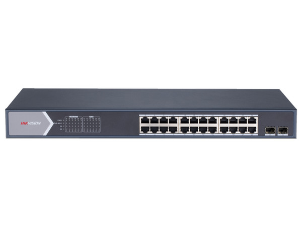 NA Switch Hikvision de 24 Puertos 10/100/1000 Mbps PoE+, 2 Puertos SFP, PoE hasta 250 metros.