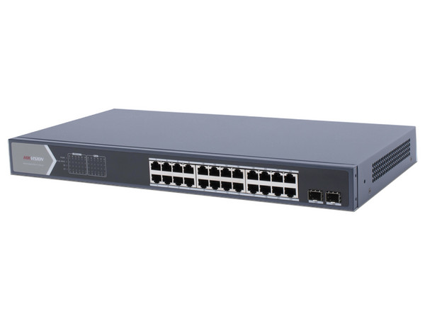 NA Switch Hikvision de 24 Puertos 10/100/1000 Mbps PoE+, 2 Puertos SFP, PoE hasta 250 metros.