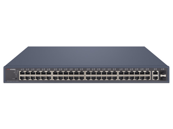 Switch Hikvision DS-3E1552P-SI de 48 puertos 10/100/1000 Mbps PoE+, 2 puertos 10/100/1000 Mbps Uplink y 2 puertos SFP, 470W.