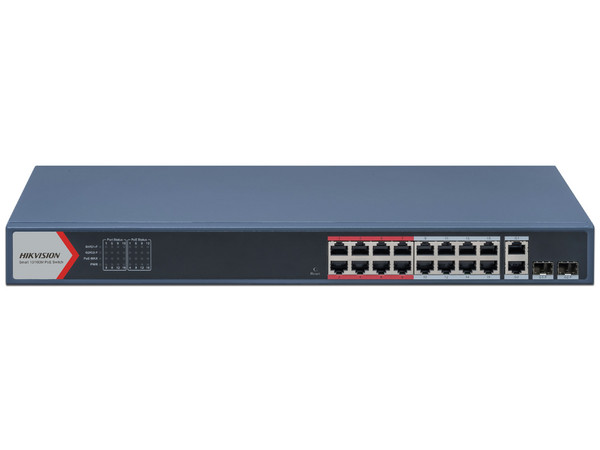 Switch Administrable Hikvision DS-3E1318P-EI de 16 puertos 802.3AT, 2 puertos gigabit combos, 10/100 Mbps.