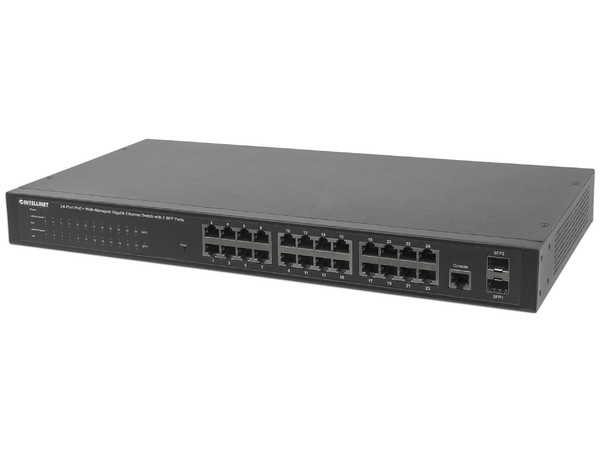 Switch Administrable por Web Intellinet, Gigabit Ethernet de 24 puertos PoE+ y 2 puertos SFP.
