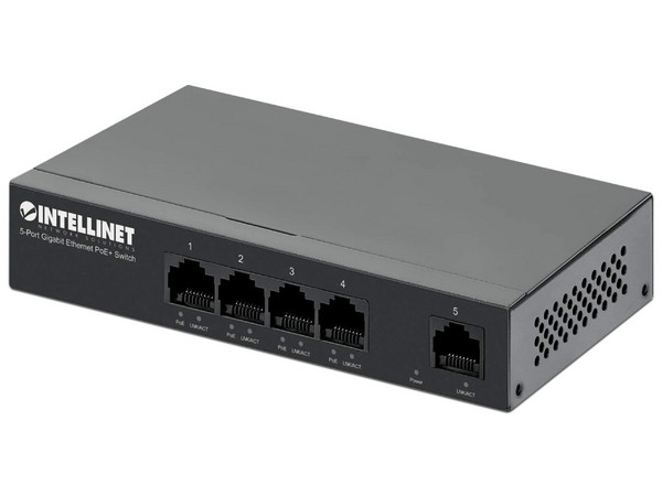 Switch PoE Gigabit 5 puertos Intellinet 561792, con 30W por puerto, Energía sobre Ethernet (PoE), color negro, compatible con Gigabit Ethernet (10/100/1000).