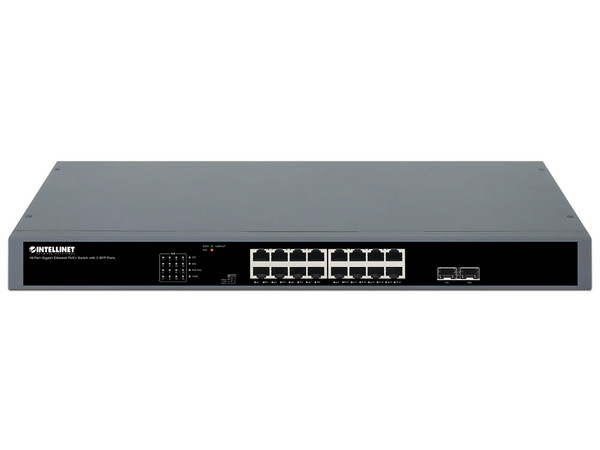 Switch Intellinet 561983, 16 Puertos GE 10/100/1000Base-T, 2 puertos SFP, 30W, PoE de 250 Vatios, Color Negro.