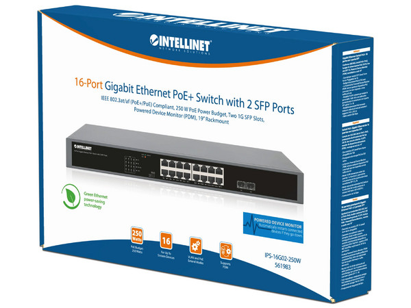 Switch Intellinet 561983, 16 Puertos GE 10/100/1000Base-T, 2 puertos SFP, 30W, PoE de 250 Vatios, Color Negro.