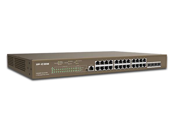 Switch IP-COM G5328P-24-410W de 24 puertos Ethernet 10/100/1000 Mbps y 4 puertos SFP, PoE, Administrable.