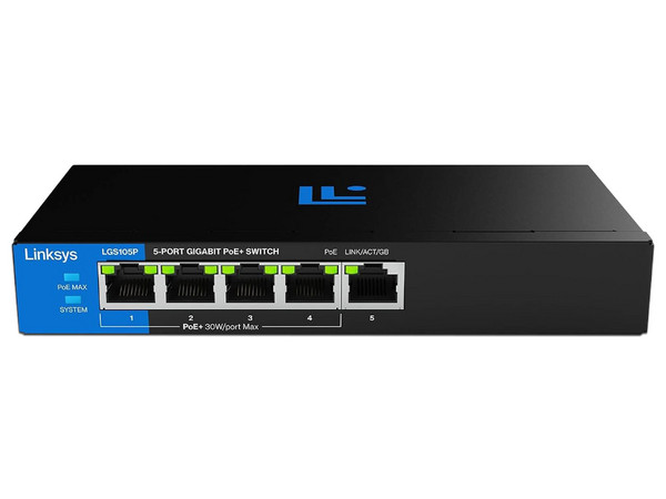 Switch Linksys LGS105P, 5 Puertos RJ-45 10/100/1000 Mbps, No Administrable. Color Negro.