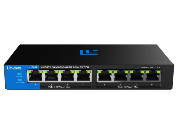 Switch No Administrable Linksys LN2308P de 4 Puertos 2.5G Gigabit PoE++, 4 Puertos 2.5G Gigabit PoE+, 180W, Ancho de Banda de 40 Gbps. Color Negro.