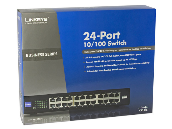 Switch Linksys SR224 de 24 puertos 10/100 full duplex para montaje en rack