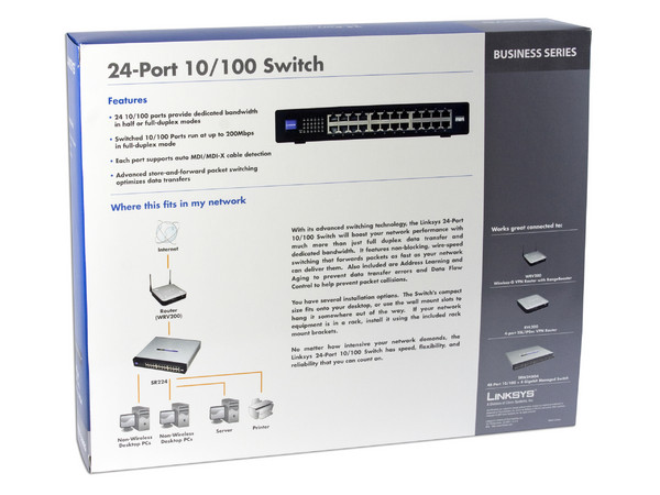 Switch Linksys SR224 de 24 puertos 10/100 full duplex para montaje en rack