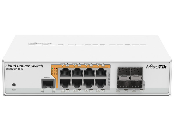 Switch MicroTik CRS112-8P-4S-IN, 8 Puertos RJ-45 10/100/1000Mbps, 4 Puertos SFP+, Color Blanco.