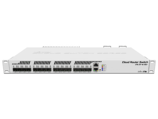 Switch inteligente gestionable MikroTik Cloud Router CRS317-1G-16S+RM de 16 puertos SFP+, para montaje en rack.