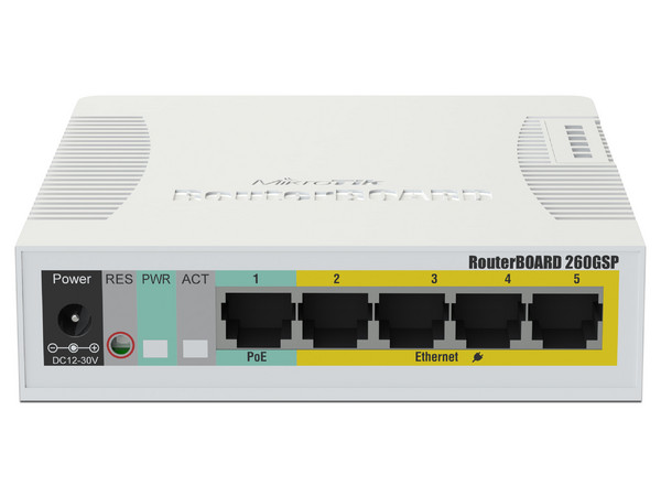 Switch MikroTik RB260GSP de 4 puertos 10/100/1000 Mbps y 1 puerto adicional SFP.