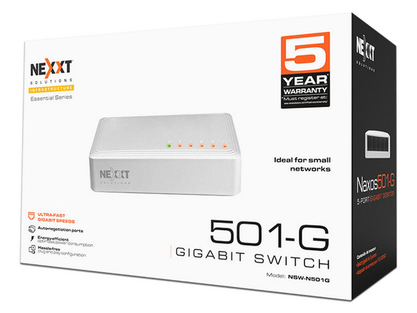Switch, Nexxt Infrastructure, Essential Naxos 501-G, 5 Puertos, Gigabit Ethernet, 1 Puerto de Uplink, 110/220V.