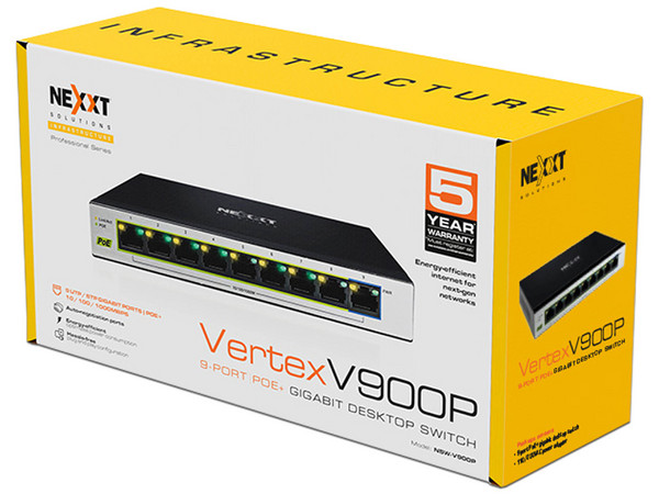Switch Nexxt NW235NXT04 de 8 Puertos PoE 10/100/1000/Mbps, 1 Puerto UpLink 10/100/1000/Mbps, 18 Gbps, Color Negro.