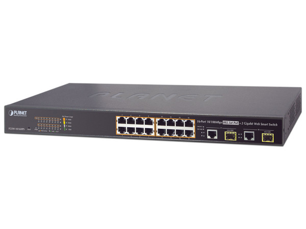 Switch PLANET Technology FGSW-1816HPS de 16 puertos PoE, 2 puertos Gigabit Ethernet, 2 puertos SFP, administrable.