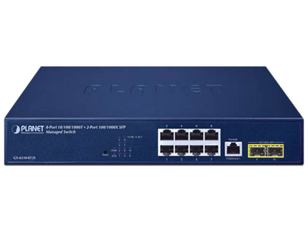 Switch Planet Technology GS-4210-8T2S de 8 Puertos Gigabit (10/100/1000Mbps), 2 Puertos SFP, 1 Puerto Serie RS-232, Color Azul.