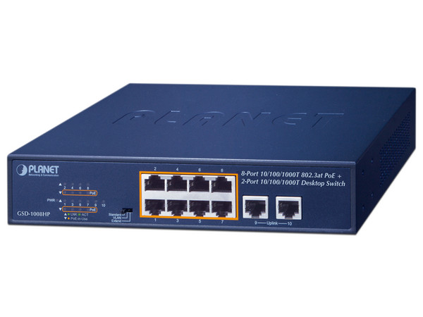 Switch Planet Technology GSD-1008HP de 8 Puertos Gigabit (10/100/1000Mbps), No Administrable, Color Azul.