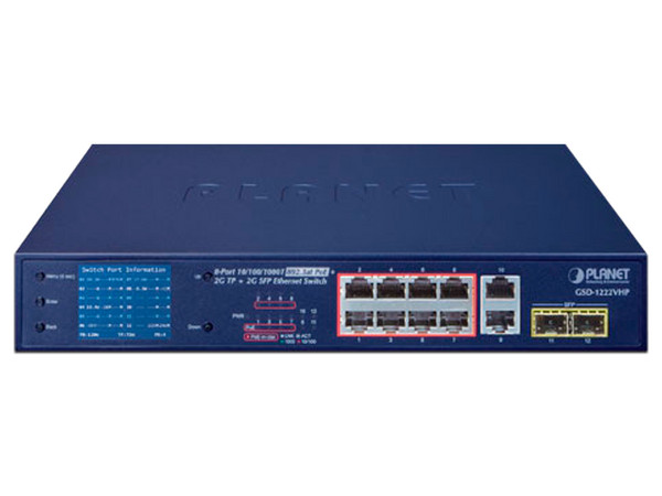 Switch No Administrable Planet Technology GSD1222VHP de 8 puertos 10/100/1000 Mbps y 2 puertos SFP Mini-GBIC, PoE. Color Azul