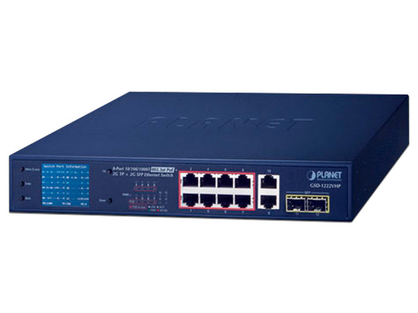Switch No Administrable Planet Technology GSD1222VHP de 8 puertos 10/100/1000 Mbps y 2 puertos SFP Mini-GBIC, PoE. Color Azul
