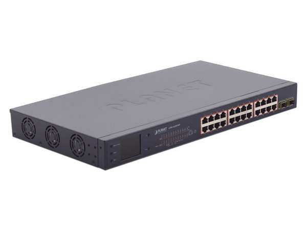 Switch No Administrable Gigabit Planet Technology GSW-2620VHP de 24 Puertos 10/100/1000 Mbps, 2 Puertos SFP 1000SX, PoE+, Color Negro.