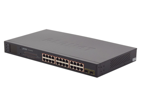 Switch No Administrable Gigabit Planet Technology GSW-2620VHP de 24 Puertos 10/100/1000 Mbps, 2 Puertos SFP 1000SX, PoE+, Color Negro.