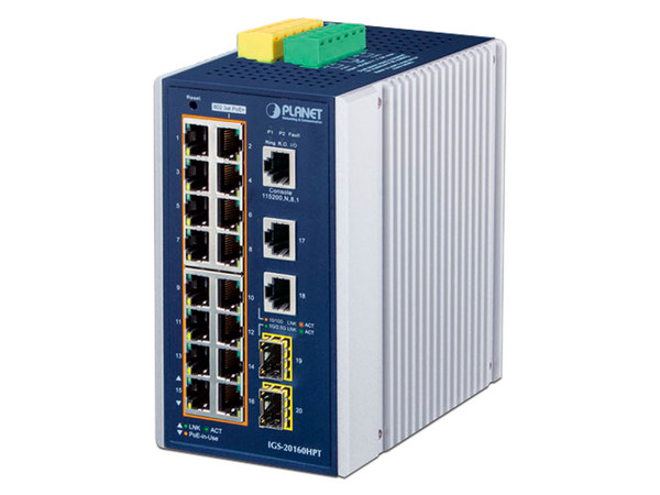 Switch Industrial Administrable Planet Technology, 16 puertos 10/100/1000 PoE, 2 Puertos 10/100/1000 T y 2 puertos 100/1000 X SFP.