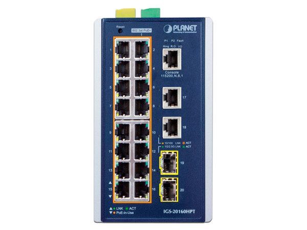 Switch Industrial Administrable Planet Technology, 16 puertos 10/100/1000 PoE, 2 Puertos 10/100/1000 T y 2 puertos 100/1000 X SFP.