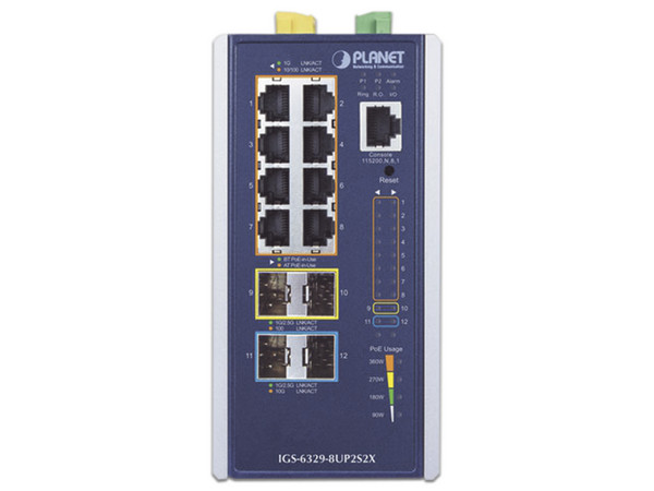 Switch Industrial Administrable Planet IGS-6329-8UP2S2X de 8 puertos Gigabit Ehternet PoE, 2 puertos SFP 2.5G y 2 puertos SFP 10G, 380W, Capa 3.