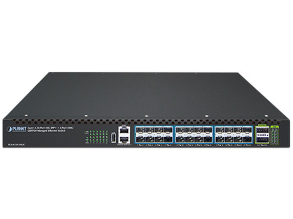 Switch Administrable Planet XGS-6350-24X2C, 24 Puertos RJ-45 10/100/1000 Mbps, 2 Puertos QSFP28. Color Negro.