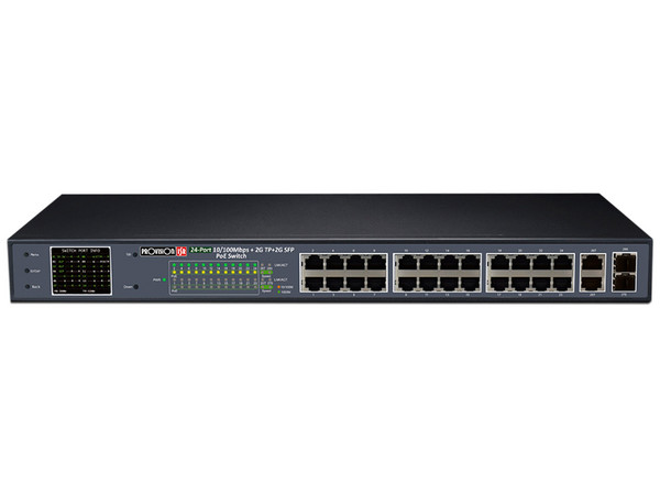 Switch Provision ISR POES-24370CL+2G+2SFP de 24 Puertos10/100 PoE, 2 RJ-45 y 2 Ranuras SFP.