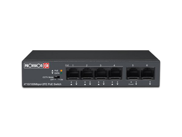 Switch PROVISION ISR PoES-0460C+2I-V2 con 4 puertos downlink y 2 puertos uplink, tecnología PoE. Color Negro.