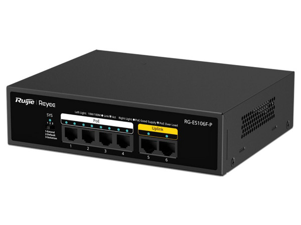 Switch Ruijie RG-ES106F-P de 4 puertos PoE, 2 puertos 10/100 Mbps, Hasta 54W.