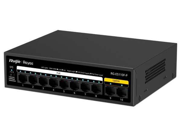 Switch Ruijie RG-ES110F-P de 8 Puertos PoE+ 10/100BASE-T, 2 Puertos 10/100BASE-T, Protección Eléctrica de 4KW.