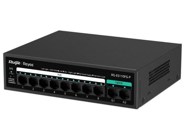 Switch Ruijie RG-ES110FG-P de 8 puertos PoE+ de 10/100 Mbps, 2 puertos de 10/100/1000 Mbps, Protección Eléctrica de 4KW.