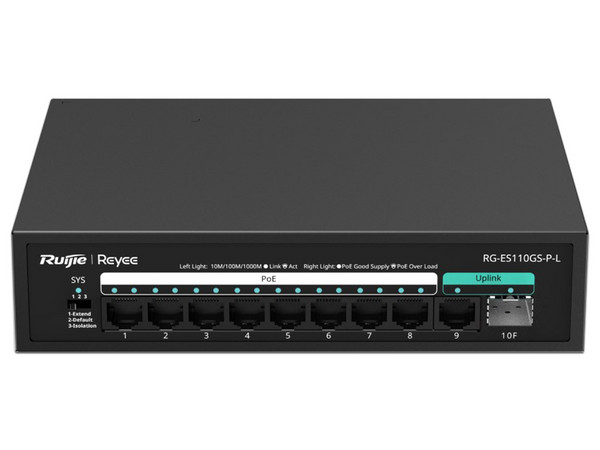 Switch Ruijie RG-ES110GS-P-L de 8 Puertos PoE+ 10/100/1000BASE-T, 1 Puertos 10/100/1000BASE-T, 1 Puerto 1000BASE-X SFP, Protección Eléctrica de 4KW, Monitoreo en la nube.