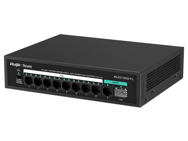 Switch Ruijie RG-ES110GS-P-L de 8 Puertos PoE+ 10/100/1000BASE-T, 1 Puertos 10/100/1000BASE-T, 1 Puerto 1000BASE-X SFP, Protección Eléctrica de 4KW, Monitoreo en la nube.