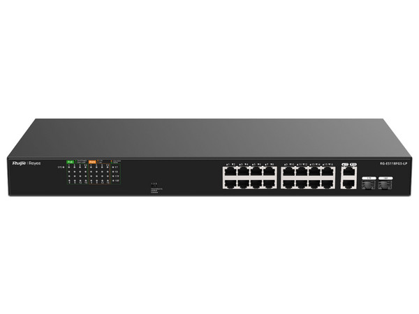 Switch Ruijie RG-ES118FGS-LP de 16 Puertos PoE+ 10/100BASE-T PoE+, 2 Puertos 10/100/1000BASE-T, 2 Puertos Uplinks Gigabit, Protección Eléctrica de 4KW, Carcasa Metálica.