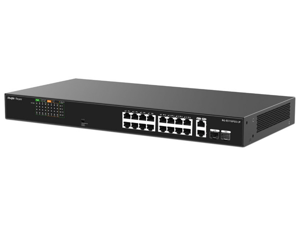 Switch Ruijie RG-ES118FGS-LP de 16 Puertos PoE+ 10/100BASE-T PoE+, 2 Puertos 10/100/1000BASE-T, 2 Puertos Uplinks Gigabit, Protección Eléctrica de 4KW, Carcasa Metálica.
