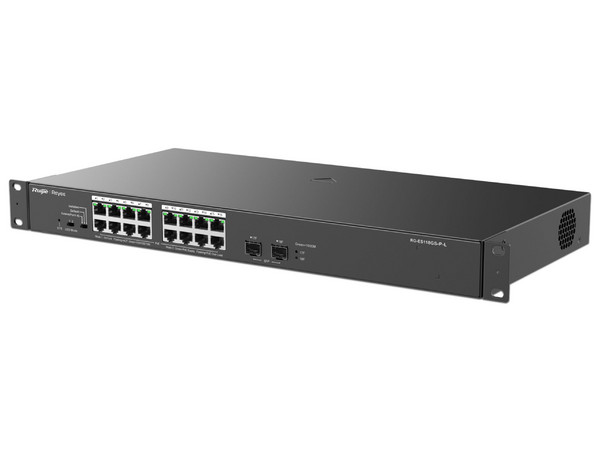Switch Ruijie RG-ES118GS-P-L de 16 Puertos PoE+ 10/100/1000BASE-T, 2 Puertos 1000BASE-X SFP, Protección Eléctrica de 4KW.