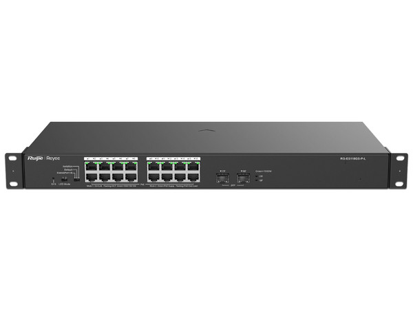 Switch Ruijie RG-ES118GS-P-L de 16 Puertos PoE+ 10/100/1000BASE-T, 2 Puertos 1000BASE-X SFP, Protección Eléctrica de 4KW.