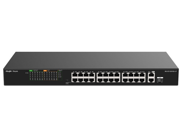 Switch Ruijie RG-ES126FGS-LP de 24 Puertos PoE+ 10/100BASE-T, 2 Puertos 10/100/1000BASE-T, 1 Puerto Combo, Protección Eléctrica de 4KW, Ideal Para CCTV.