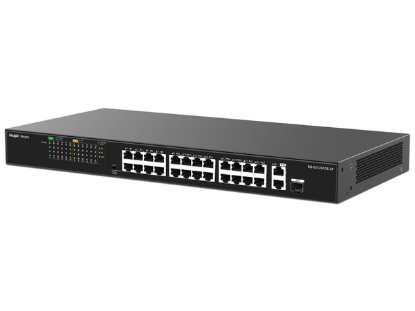 Switch Ruijie RG-ES126FGS-LP de 24 Puertos PoE+ 10/100BASE-T, 2 Puertos 10/100/1000BASE-T, 1 Puerto Combo, Protección Eléctrica de 4KW, Ideal Para CCTV.