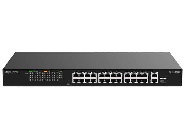 Switch Ruijie RG-ES126FGS-P de 24 Puertos PoE+ 10/100BASE-T, 2 Puertos 10/100/1000BASE-T, 1 Puerto Combo, Protección Eléctrica de 4KW, Monitoreo en la nube.