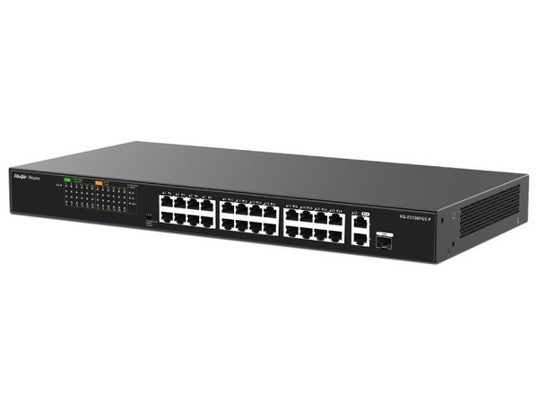 Switch Ruijie RG-ES126FGS-P de 24 Puertos PoE+ 10/100BASE-T, 2 Puertos 10/100/1000BASE-T, 1 Puerto Combo, Protección Eléctrica de 4KW, Monitoreo en la nube.