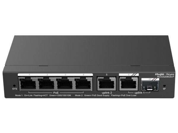 Switch Administrable Ruijie RG-ES206GS-P, 6 puertos Gigabit Ethernet, PoE, SFP, gestión gratuita desde la nube.