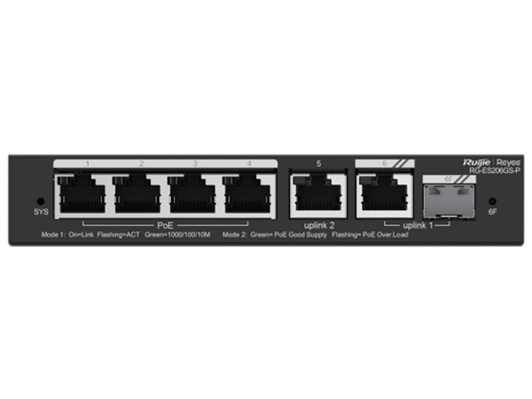 Switch Administrable Ruijie RG-ES206GS-P, 6 puertos Gigabit Ethernet, PoE, SFP, gestión gratuita desde la nube.